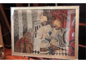 Antique Wool & Silk Embroidery Of Biblical Royalty In Plexiglass Frame