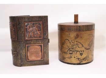 Antique Inscribed Wood Tobacco Box & Copper Tanah Prophets Book Cover