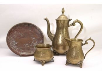 Antique Embossed Brass Tea Set & Decorative Plate