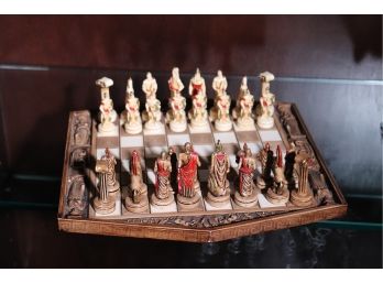 Vintage Miniature Chess Set With Board Featuring Roman Soldiers