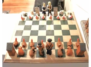Vintage Chess Set & Board Featuring Farmers And Livestock