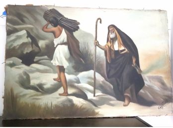 Unframed Painting On Canvas Signed E. Nayatian Of Moses & Helper