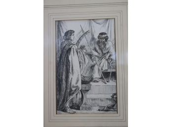 Antique Print Of Young David Playing The Harp To King Saul, In Ebonized Wood Frame