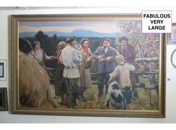 Oversized Painting Of Lenin & Peasants Socialist Realism Style C. 1950s