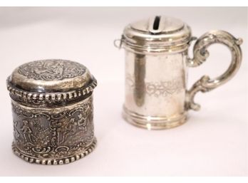 Two Sterling Silver Pieces With Baby Tzedakah Cup And Repouss Box
