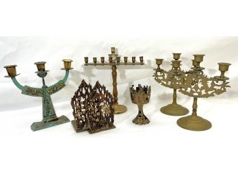 Lot Of Brass Judaica With Menorah, Sabbath Candlesticks & Bookends