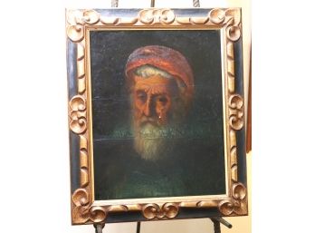 Antique Framed Portrait On Board Of Bearded Man With Red Cap