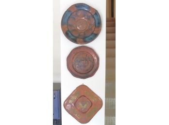 Lot Of 3 Copper Decorative Wall Plates With Embossed Scenes & Overlay Designs