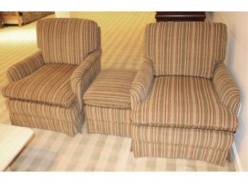 Pair Of Vintage Armchairs & Ottoman With Striped Upholstery