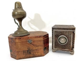 Lot Of Vintage Collectables With Safe Bank, Brass Sugar Shaker & Olive Wood Box. Safe Measures 4 X 3 X 5