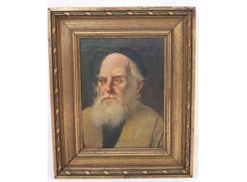 Antique Painting On Canvas Board Of Religious Jewish Man, Signed Gold