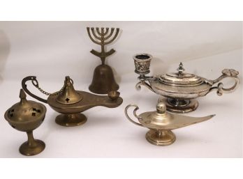 Lot Of 3 Metal Oil Lamps, Jerusalem Bell And Incense Holder