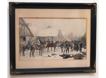 Antique Hand Colored Print Of German Soldiers In Village Square Signed By Artist