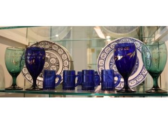 Lot Of Judaica With 2 Porcelain Hand Painted English Seder Plates & Colorful Glassware