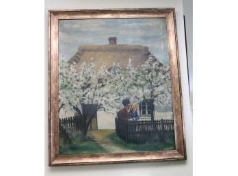Oil Painting Of Lovers & Springtime Trees In Bloom, Signed Zynger, Poland, 1934