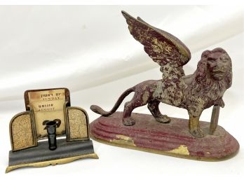 Antique Painted Metal Winged Lion With 10 Commandments & Israeli Desk Calendar