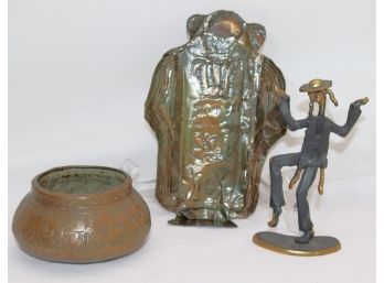 Lot Of Copper And Brass Judaica With Inscribed, Dancing Rabbi Figurine & More