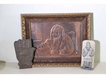 Framed Copper Engraving Of Rabbi, Copper Hamsa Sign & Wood Carving
