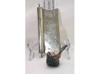 Sterling Silver Mezuzah With Inscribed Blessing & SS Dreidel With Floral Design