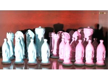 Vintage MCM Style Duncan Porcelain Chess Set With Purple & Blue Pieces