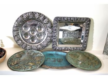 Five Metal Ware Plates With Passover Platters & Judaica Designs