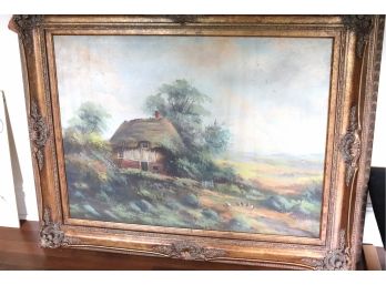 Large Landscape Painting Of Thatched Cottage & Chickens In Beautiful Baroque Frame