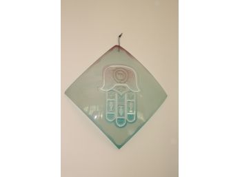 Engraved Glass Wall Hanging Of Hamsa Symbol With Sandblasted Design