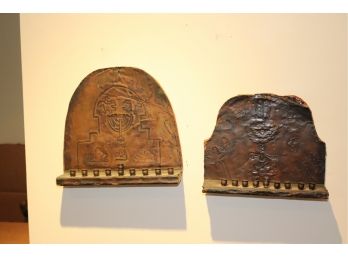 Two Antique Primitive Copper Plate Menorah With Symbolic Designs