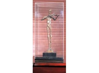 Giacometti Style Figurine Of Violin Player On Wood Base With Plexiglass Cover