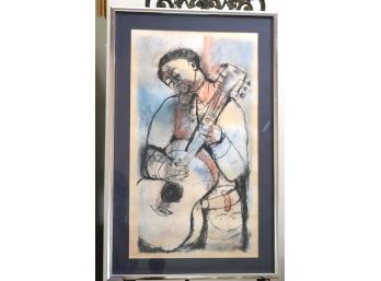 Charcoal Drawing Of Woman Playing Guitar Signed Godfrey Ndaba