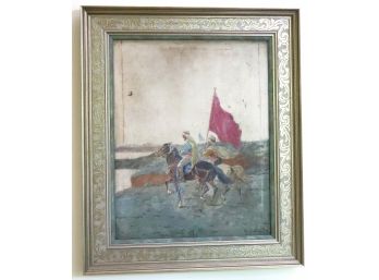 Antique Painting On Canvas Of Arabs On Horseback, Signed By Artist In Beautiful Silver Frame