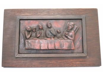 Vintage Plaster Plaque Of Family Meal Inset In Wood Frame & Signed In Hebrew