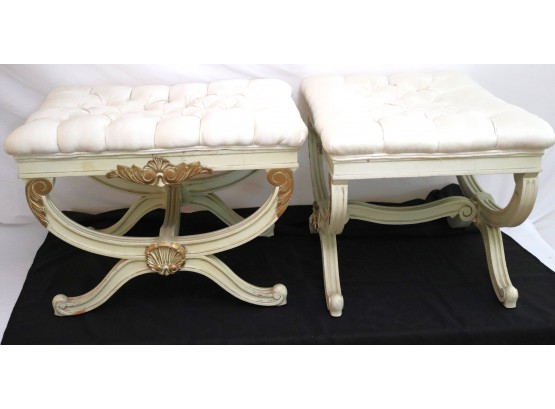 Pair Of Fabulous French Country Style Stools With Silk Fabric, Painted Gold Accents With Distressed Finish