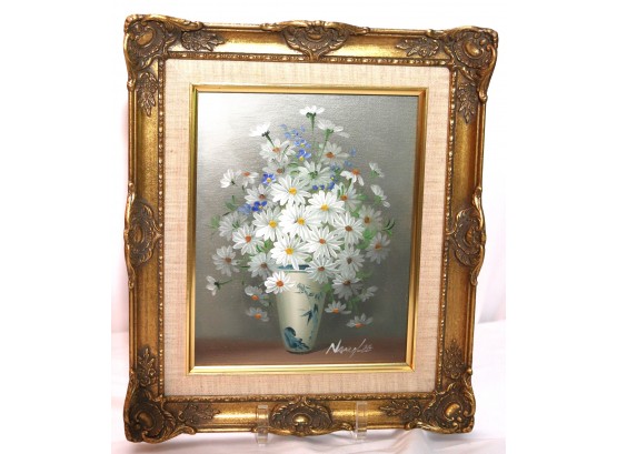 Pretty Floral Still Life Painting By Artist Nancy Lee On Board In An Ornate Carved Wood Matted Frame