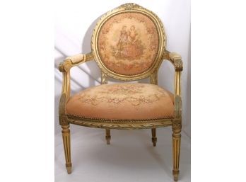 Carved Chair With A Tapestry Style Fabric Highly Carved Floret Detailing & Padded Arms