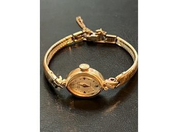14K YG Vintage Ladies Gruen Manual Wind Watch W/ Diamond Accents W Steel Watch Band
