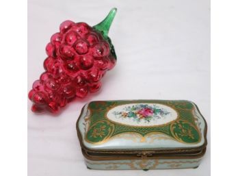 Limoges Style Tobacco/Trinket Box Includes Glass Grape Cluster