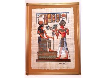 Hand Painted Papyrus Art Work- Ramses II Presents His Offering To The Goddess Of Love Signed On Bottom CMA