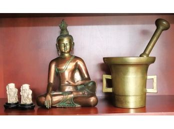 Heavy Brass Mortar & Pestle, Brass Buddha Made In India With Patinated Finish, Wise Man Figures