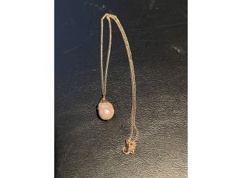 14K YG 15' Fine Link Necklace W Large Sliding Pearl Pendant