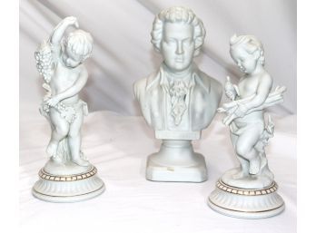 Porcelain Bisque Bust Of Mozart & 2 Asian Style Cherubs 7065