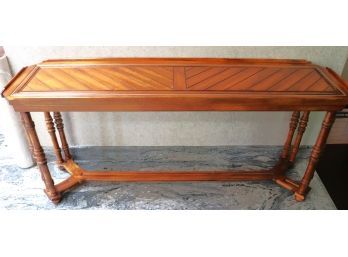 Small Wood Console With Metal Banding/Parquet Style Top