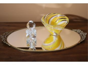 Gorgeous Brass Mirrored Vanity Tray With Floret Detailing Perfume Bottle & Pretty Yellow Swirl Blown Glass