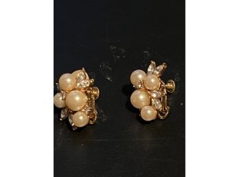 Classy Pair Of Pearl/Cz Goldtone Earrings