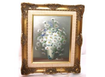 Pretty Floral Still Life Painting By Artist Nancy Lee On Board In An Ornate Carved Wood Matted Frame