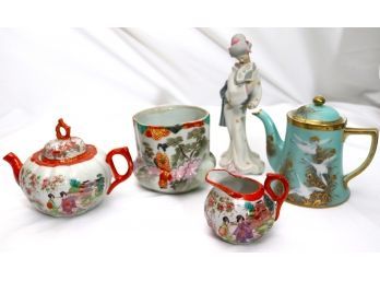 Porcelain Bisque Geisha That Has A Repair To The Neck/Hand & Gourd Shaped Kettle & Hand Painted Kettle Fly
