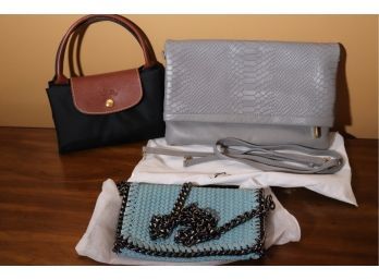 Authentic Long Champs Handbag, Includes Gi Gi NY Unused & Woven Bag Made In Italy Genuine Leather