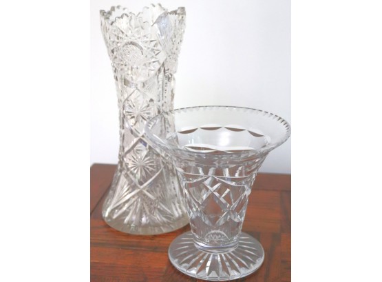 Vintage  Cut Crystal Vase The Top Has Chipping Along The Rim, Includes A Smaller Vase