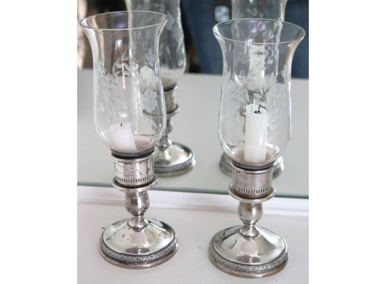 Vintage Prelude International Sterling Weighted  Candlesticks With Etched Hurricane Style Glass