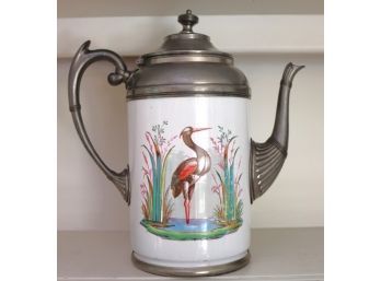 19th C. Large French Enameled Pewter Pitcher W/ Crane Bird Detailing As Pictured